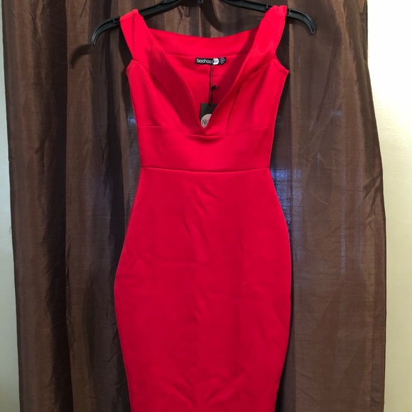 boohoo red off shoulder dress